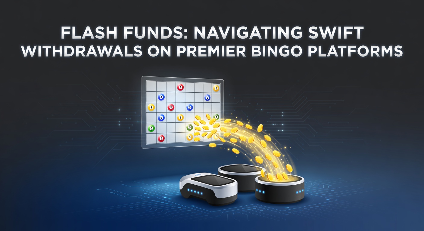 Digital graphic showing lightning-fast cash icons flowing from a bingo card to a wallet on a mobile screen, symbolizing instant withdrawals