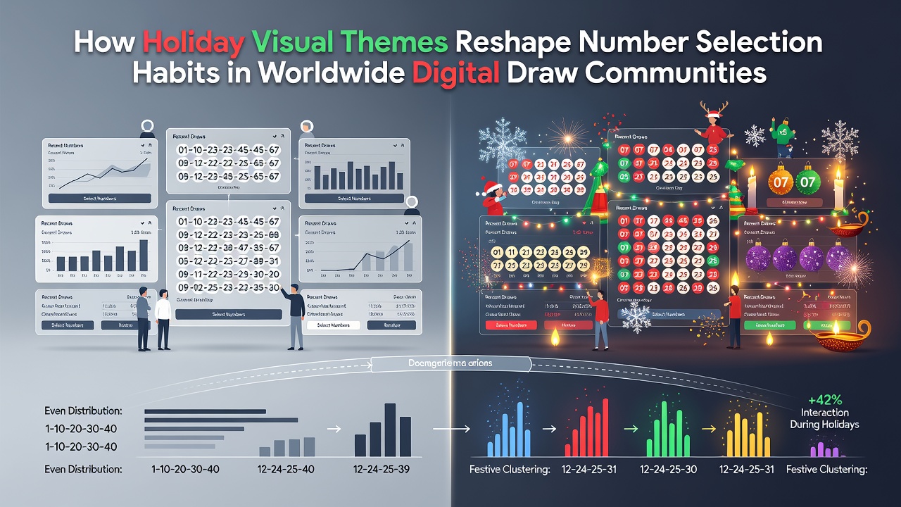 Holiday-themed digital draw interface showing festive visuals influencing number grids and player selections across global platforms