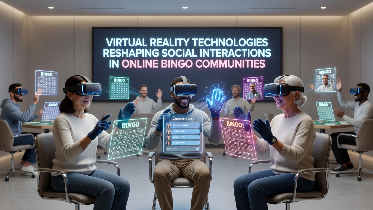 Players using VR headsets to interact in a shared bingo lounge with gesture controls