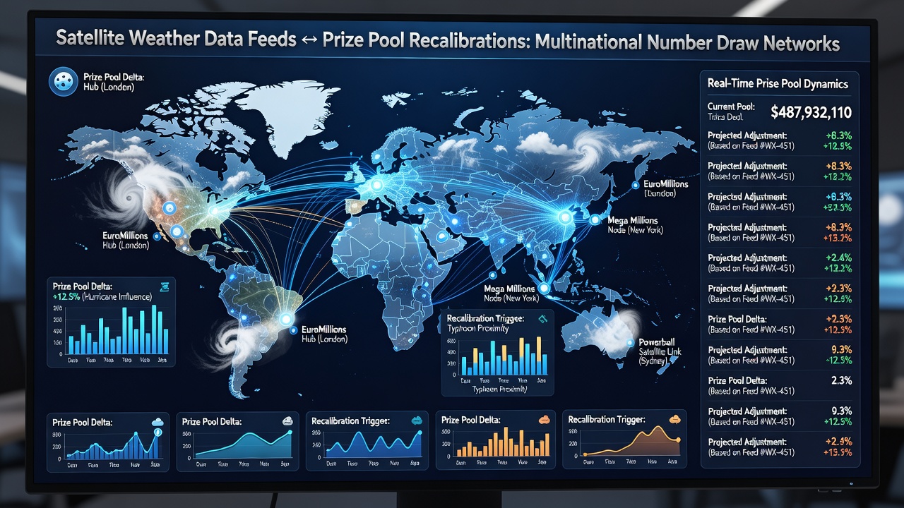 Satellite weather monitoring systems feeding data into global number draw network adjustments