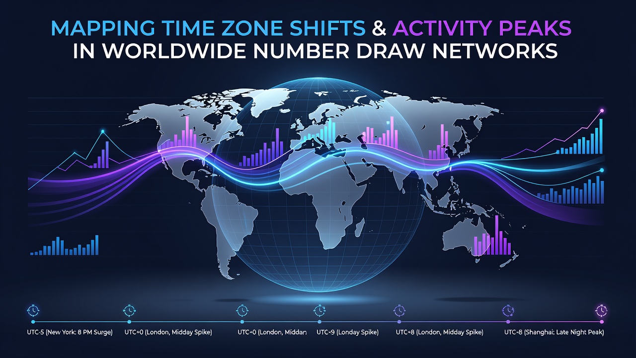 Global time zone map overlaid with major number draw network locations and activity indicators