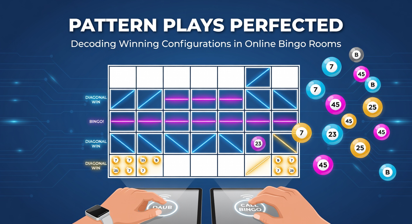 Vibrant online bingo room displaying various winning patterns on digital cards, with numbers lighting up in shapes like lines and letters