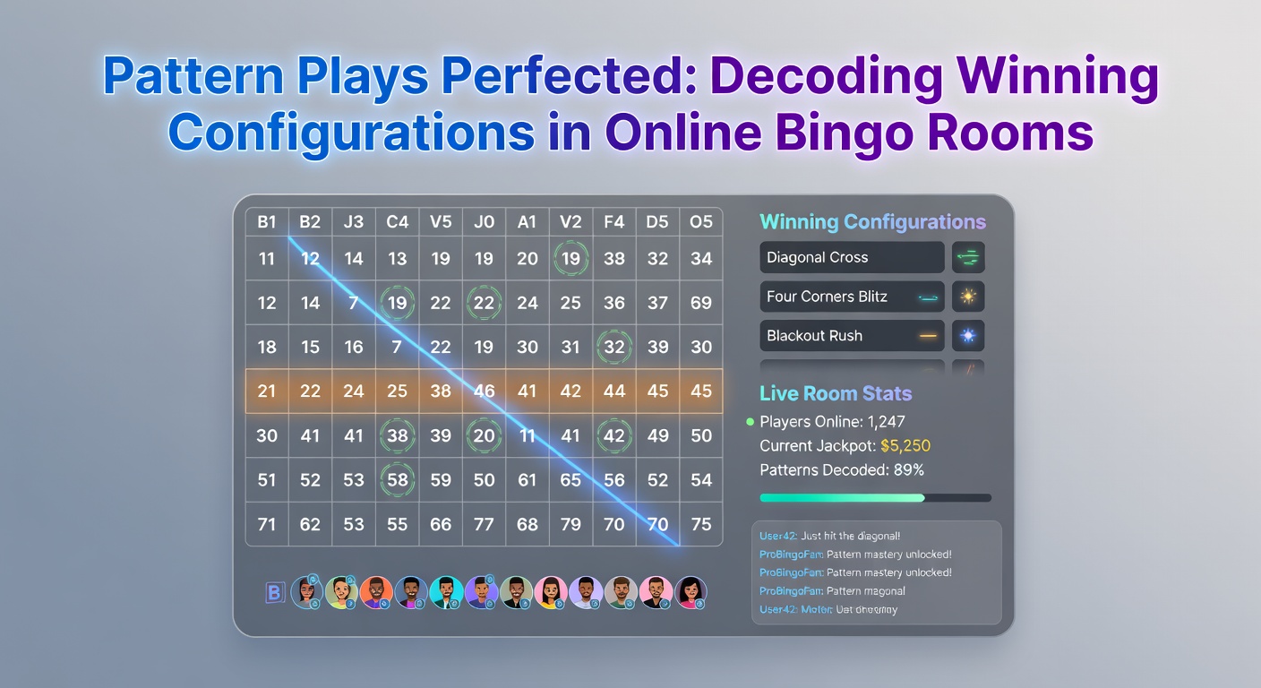 Close-up of a digital bingo card mid-game, with a winning letter 'B' pattern illuminated in bright colors amid falling number balls