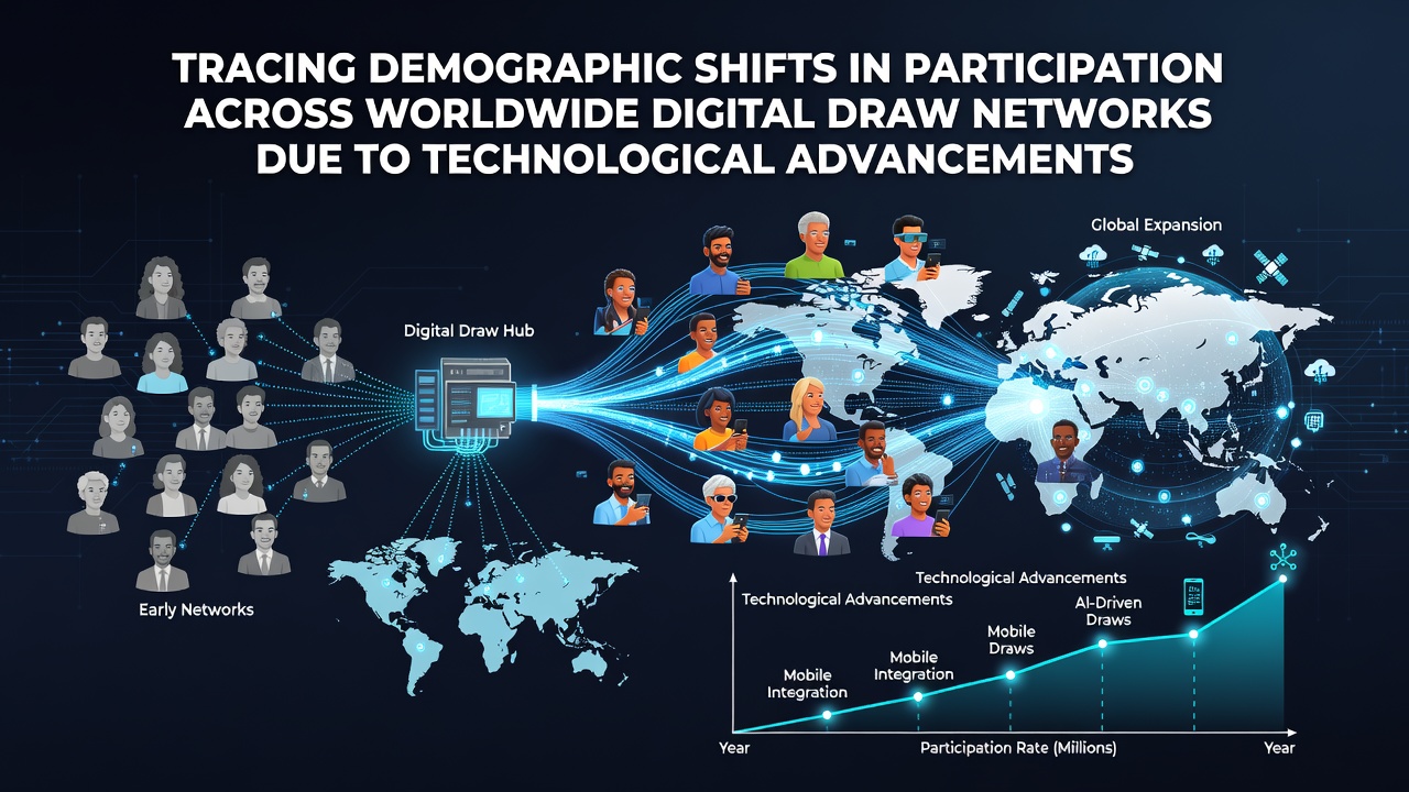 Global map showing participation trends in digital draw networks overlaid with technology adoption icons